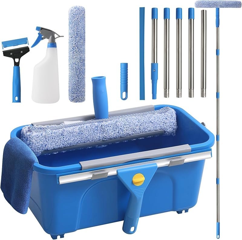 Creatyi 11PCS Window Cleaning Kit Washing Tool, Bucket 3 Gallon, 76 inch Long Handle Window Squeegee and Microfiber