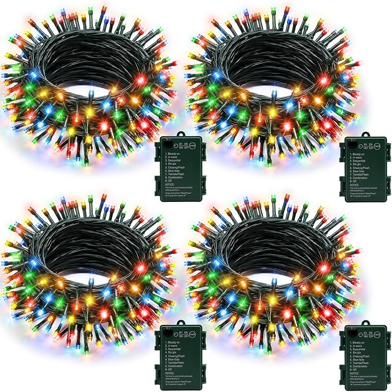 4 Pack Battery Operated Christmas Lights, Total 200 LED 68FT Multicolor