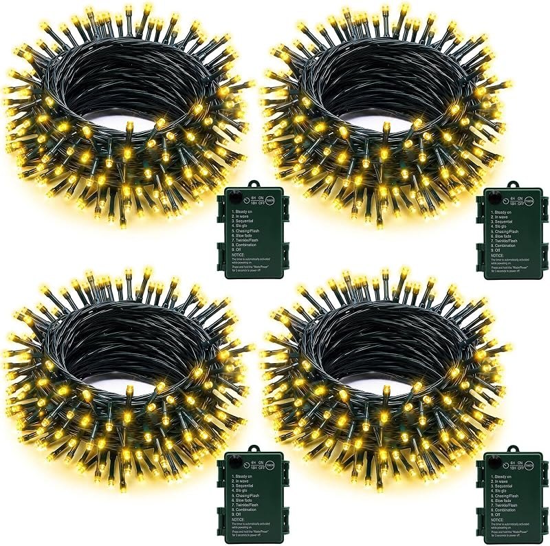 4 Pack Battery Operated Christmas Lights, Total 200 LED 68FT Warm White