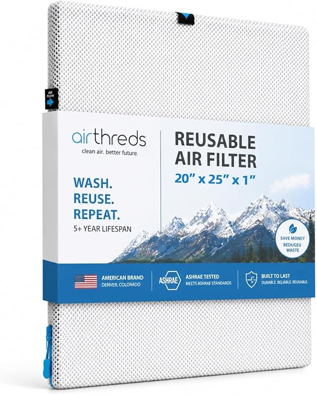 AirThreds 20x25x1 Washable and Reusbale Air Filter for AC HVAC Furnace, Machine Washable & Dryer Friendly & Saving