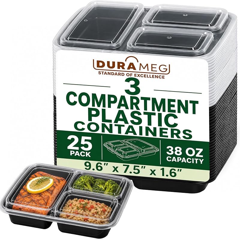 3 Compartment Food Containers with Lids, 25 Pack, 38 Oz Take Out Containers, Reusable Meal Prep Containers, Microwave