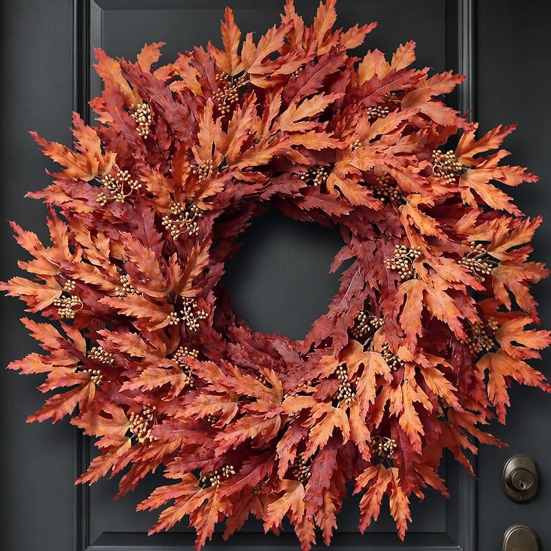 26" Artificial Fall Maple Leaves Wreath for Front Door Decoration (Orange) — best halloween door wreath for halloween