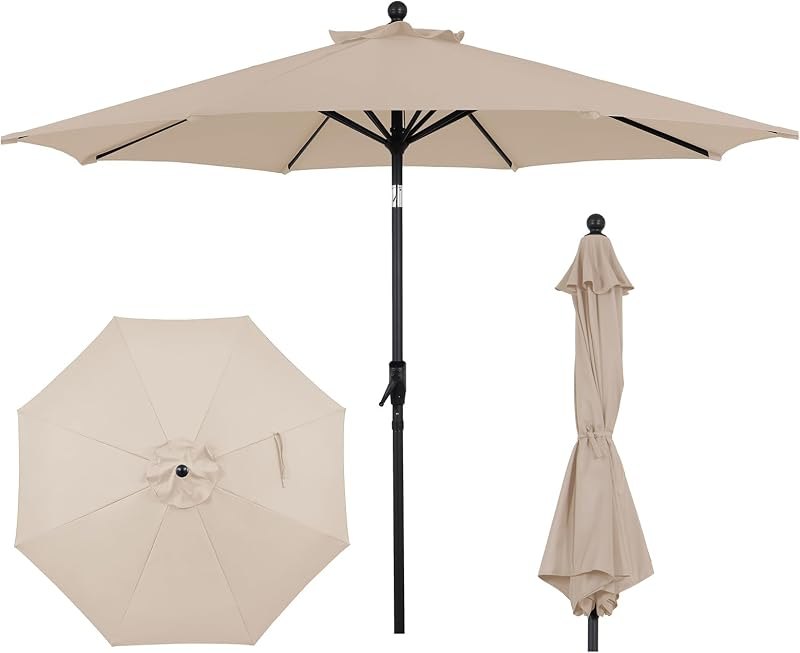 9FT Outdoor Patio Umbrella with Auto-Tilt Aluminum Frame, 6-8 Heavy-Duty Ribs Market Umbrella, Outdoor Table Umbrella