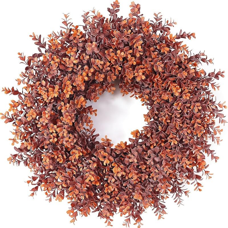 24" Artificial Fall Boxwood Wreath for Front Door Decoration (Deep Orange) — halloween door wreath for halloween door