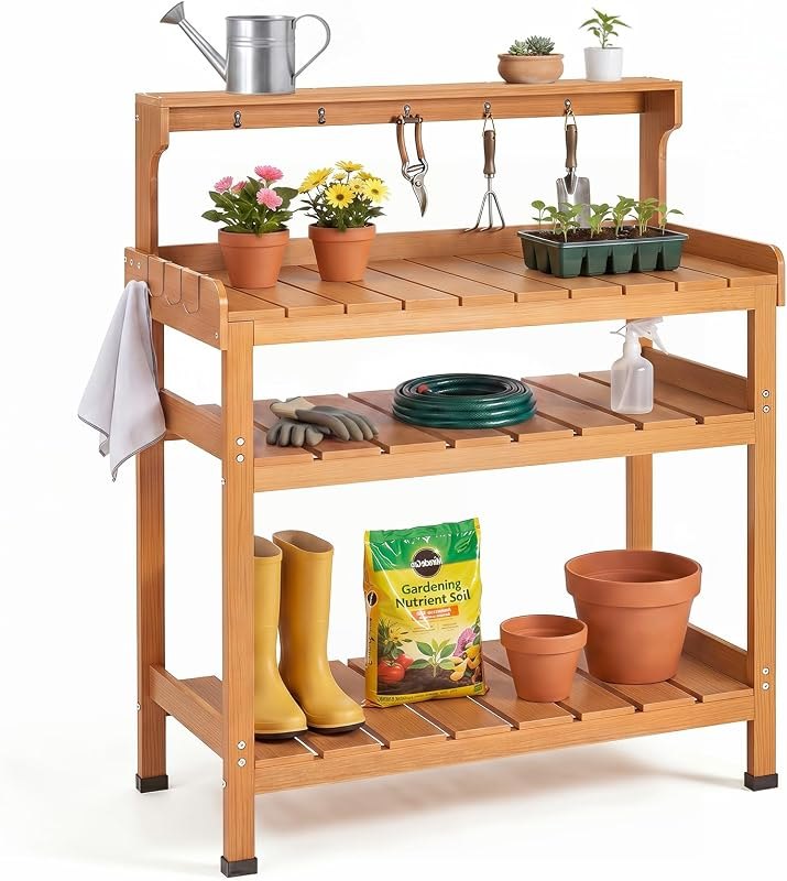 Potting Bench for Women Men, HDPS Outdoor Garden Table Workstation with 9 Hooks, 4-Tier Rack, All-Weather Waterproof