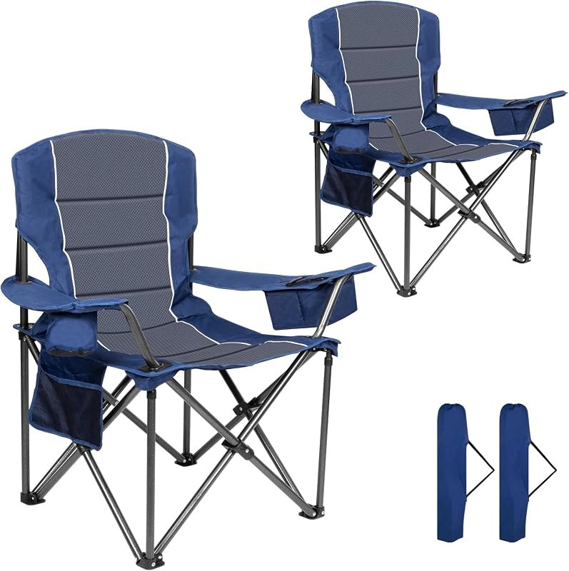 Oversized Padded High Back Camping Chairs,2 Pcs Heavy Duty Folding Chairs Support 500LBS with Cooler Bag,Cup Holder