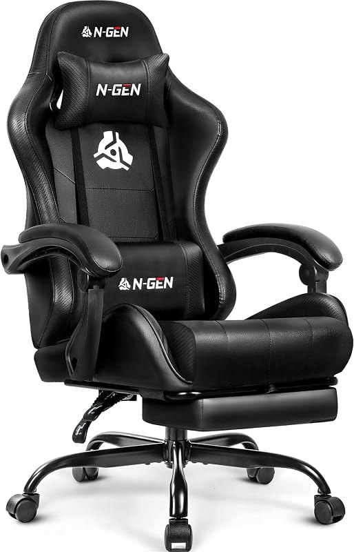 N-GEN GAMING Gaming Chair with Footrest, Lumbar, High-Back, All Black — memory foam gaming chair for memory foam