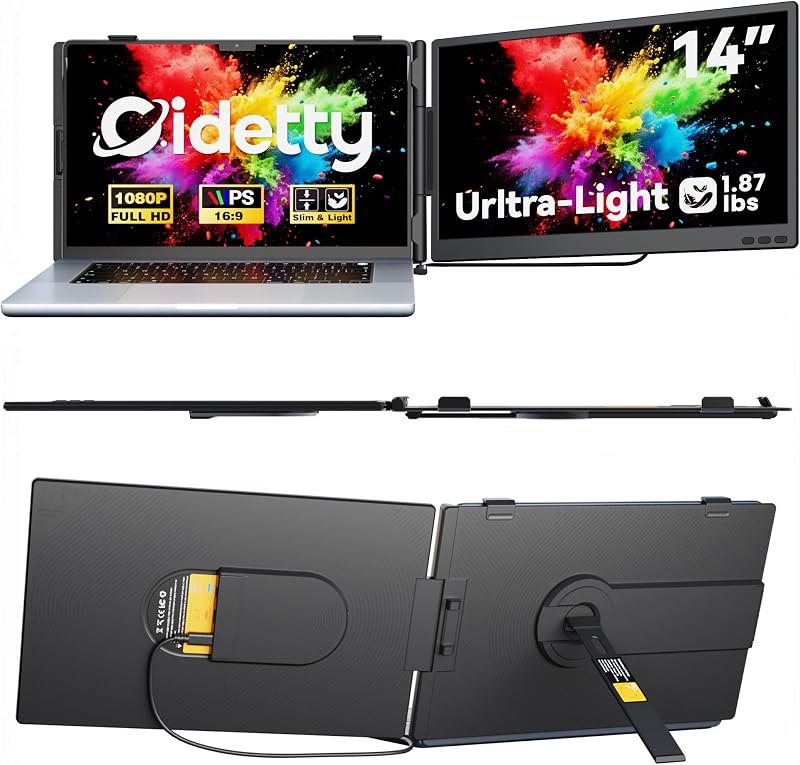 CIDETTY Laptop Screen Extender Monitor Portable, 14" Ultra-Thin Dual Laptop Monitor FHD 1080P IPS, USB-C/HDMI Plug &