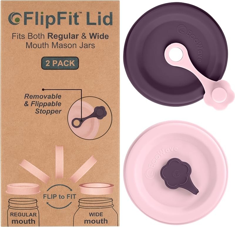 ORIGINAL CREATOR - FlipFit® Silicone Mason Jar Lids with Straw Hole - Drinking Lids - Dual-Fit Regular & Wide Mouth