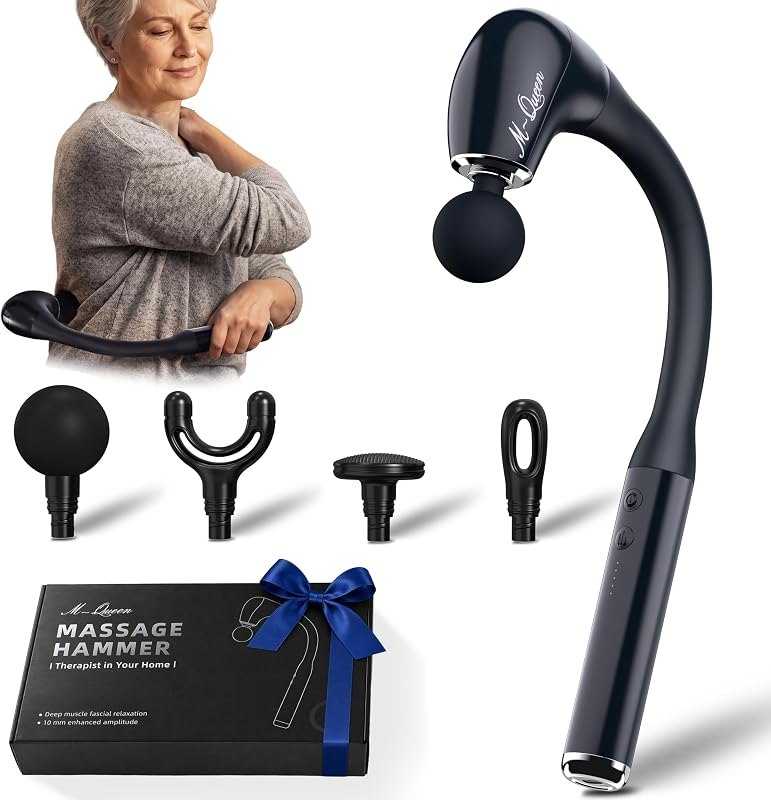 M-QUEEN Massage Gun, Deep Tissue Massager, Curved Handle, 5 Speeds, 4 Heads — Percussion massage gun for percussion
