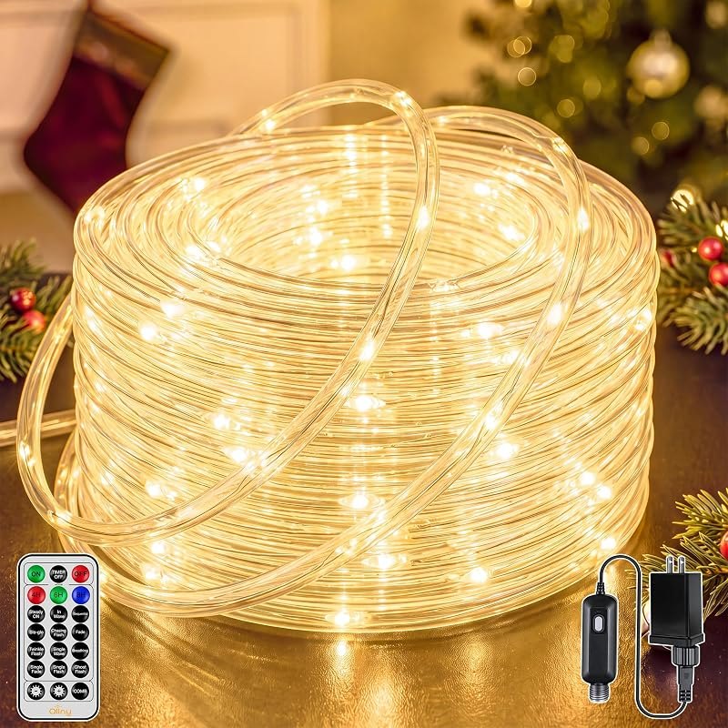 Ollny Christmas Rope Lights Outdoor, 50FT 300 LED, Plug&Remote, Warm White — rope lights for stairs for rope lights