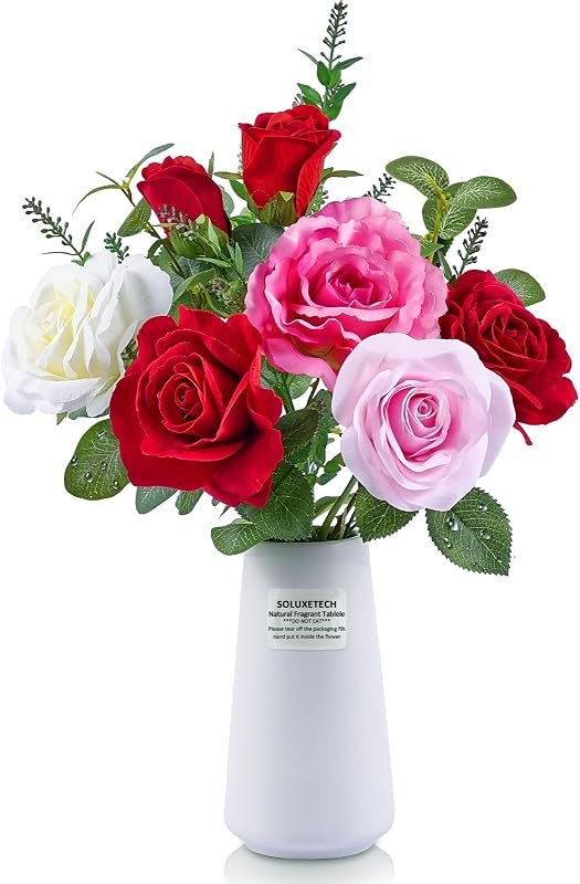 Artificial Roses Ceramic Vase With Flowers Scent Tablets Apple Leaves Lavender Red White Pink Lifelike Faux Roses Fake