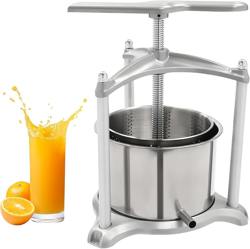 Fruit Wine Press, 6 L/1.59 Gal Fruit Cider Grinder with Filter Bag and T-handle, Stainless Steel Manual Juice Maker