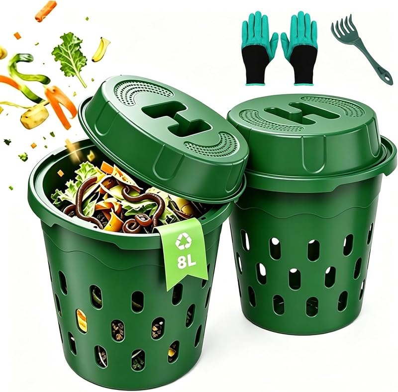 2-Pack Inground Worm Composter, 8L Underground Worm Farm with Aeration & Animal-Proof Lid, Food Waste Recycler for