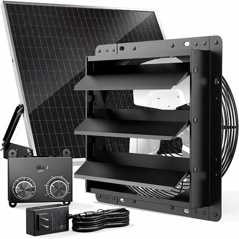 Hon&Guan 12 Inch Solar Shutter Exhaust Fan with AC Adapter, 764 CFM, 40W Panel, Thermostat and 4-Speed Control, for