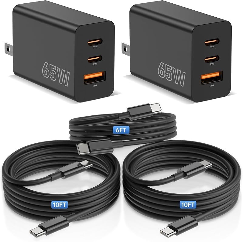 65W Super Fast Charger Type C for Samsung, 3-Port GaN USB C Charging Block PD/QC 3.0 & 6/10/10FT Cable for Samsung