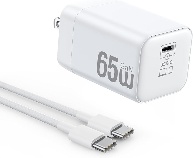 65W USB C Charger Block, GaN Fast Charger Foldable Charger with 6.6FT Cable — 65W 3 port GaN charger for 65w port gan