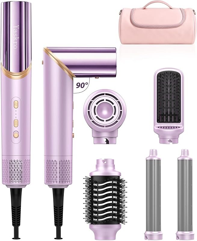6-in-1 Hot Air Brush & Hair Dryer, 110,000 RPM High-Speed Ionic Blow Dryer Ionic Auto Curlers, Detachable Tools, 90°