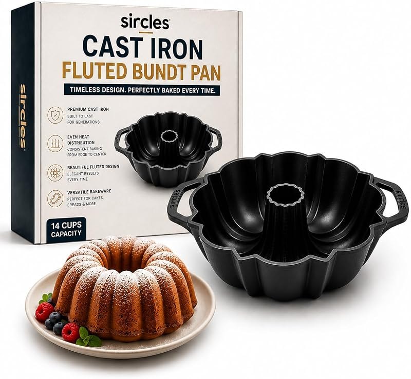 SIRCLES Cast Iron Bundt Pan, Fluted Tube Cake Pan for Baking, Heavy Duty Nonstick Cake Mold, Classic Tulip Design