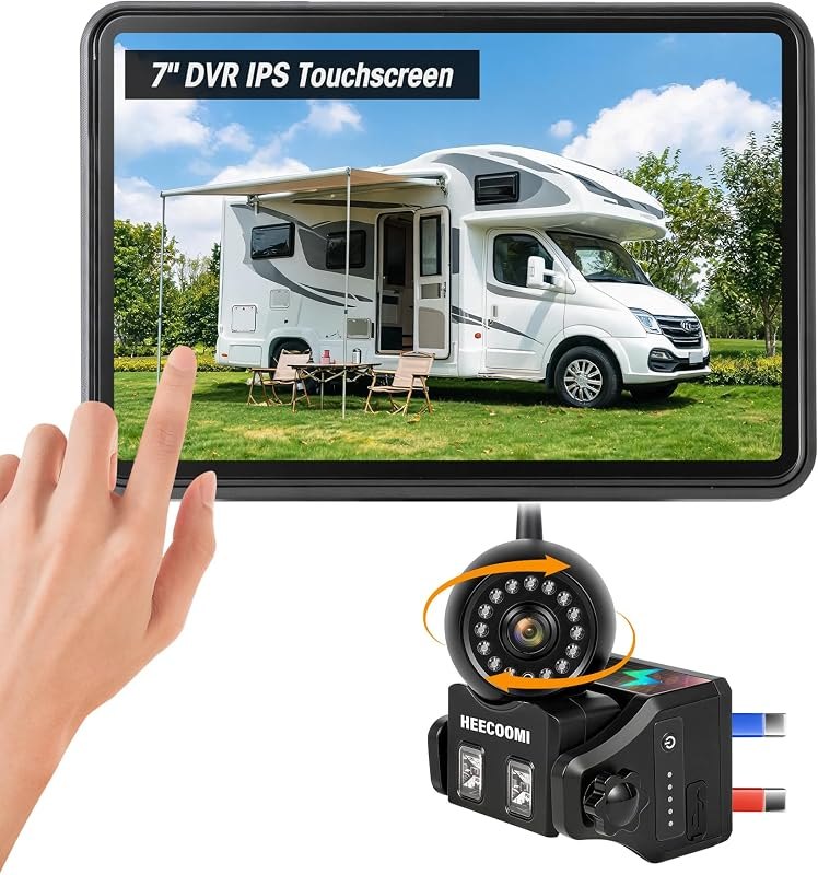 Magnetic Wireless Backup Camera Solar with 360° Adjustable Lens, 7" 1080P Touchscreen Monitor, DVR Recording, IP69K