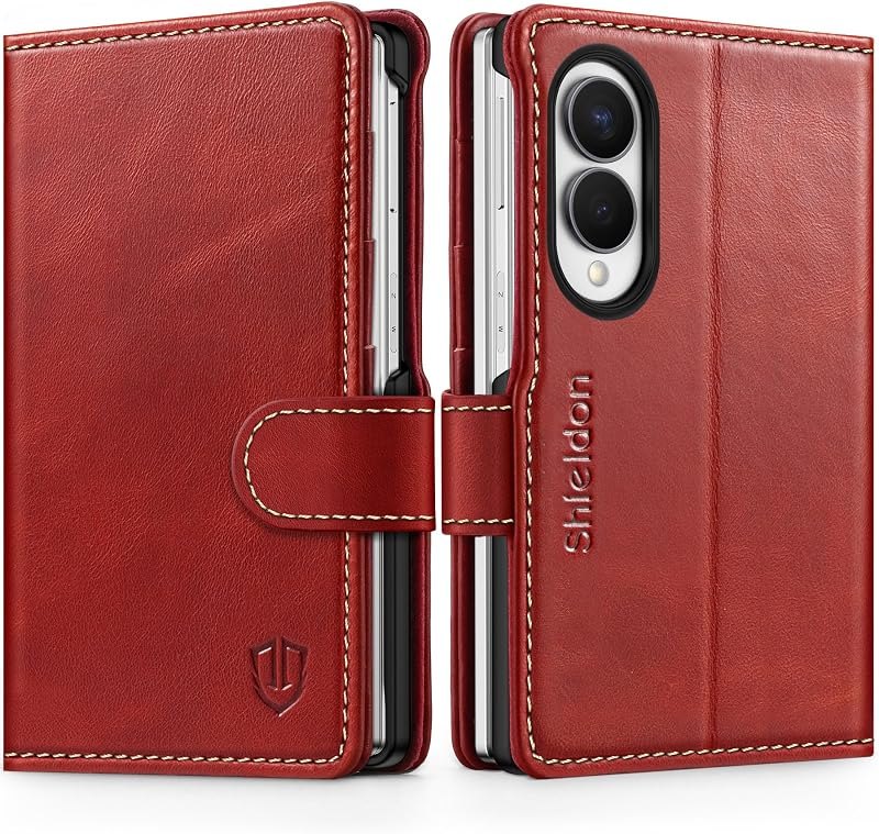 SHIELDON Real Leather Folio Wallet Case for Galaxy Z Fold 8 7.6", Retro Red — best fold 8 folio stand for fold folio