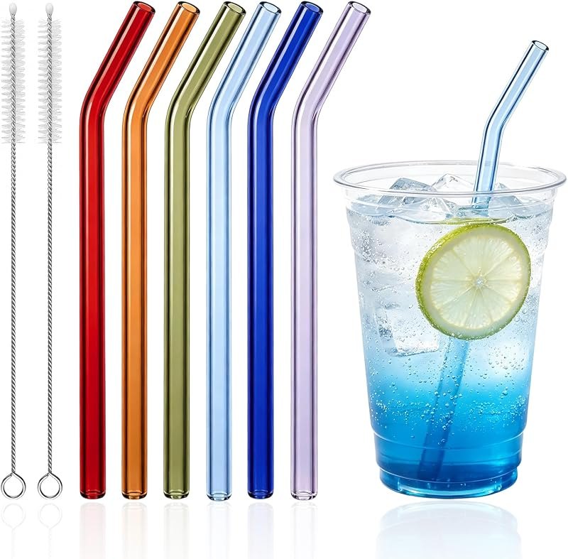 6-Pack Reusable Glass Straws with 2 Long Cleaning Brush, Size 8''x8MM — glass straw cleaner for glass straw cleaner