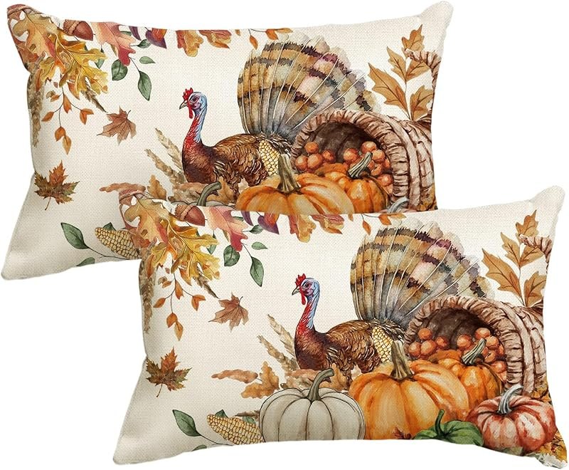 AVOIN colorlife Thanksgiving Turkey Throw Pillow Covers, 12 x 20 Inch Cornucopia Pumpkin Leaves Harvest Holiday