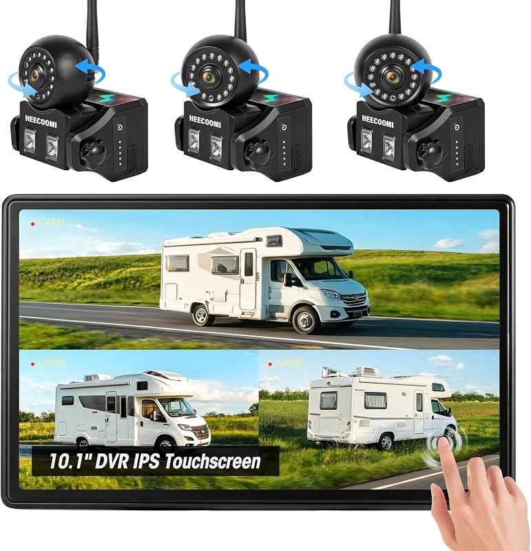3 Magnetic Solar Wireless Backup Camera, 360° Rotating Lens + 10.1" HD Touchscreen DVR, 3x10000mAh Rechargeable IR