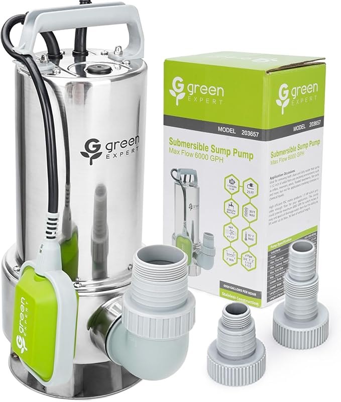 Green Expert 1.5HP Submersible Sump Pump, 6000 GPH, Tethered Float Switch — Storm Drainage Pump for storm drainage pump