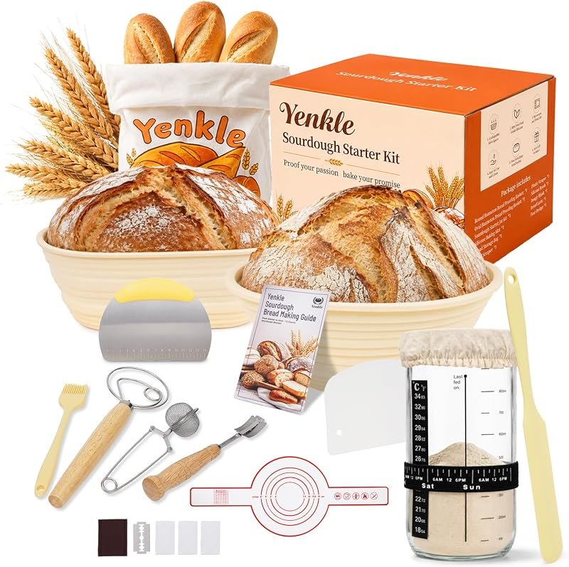 Complete Sourdough Starter Kit with Round & Oval Silicone Banneton Bread Proofing Basket, Starter Jar, Dough Whisk &