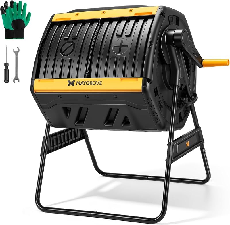 Maygrove Outdoor Compost Bin 53 Gallon, Dual Chamber Large Compost Tumbler for Garden Backyard, with 360° Rotating