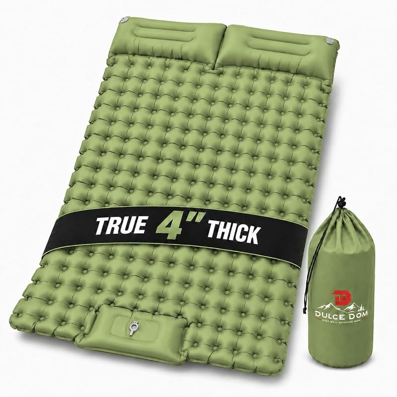 True 4" Double Camping Sleeping Pad for Two with Built-in Foot Pump Pillow — inflatable camping mattress for