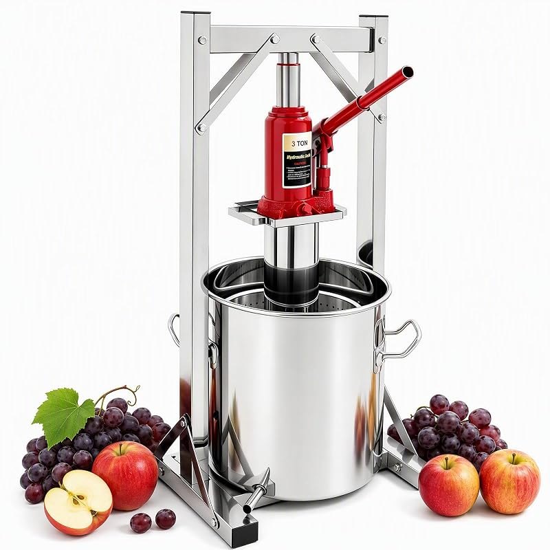 2.64 Gal/12L Hydraulic Fruit Wine Press, Stainless Steel Manual Juice Maker with 2 Barrels, Grape Crusher Apple Orange