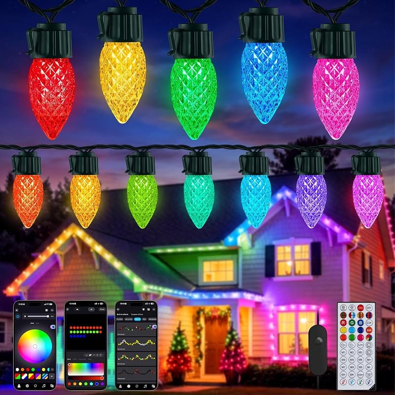 Smart Outdoor Christmas Lights, 150 LED RGB C9 String Lights, APP & Remote