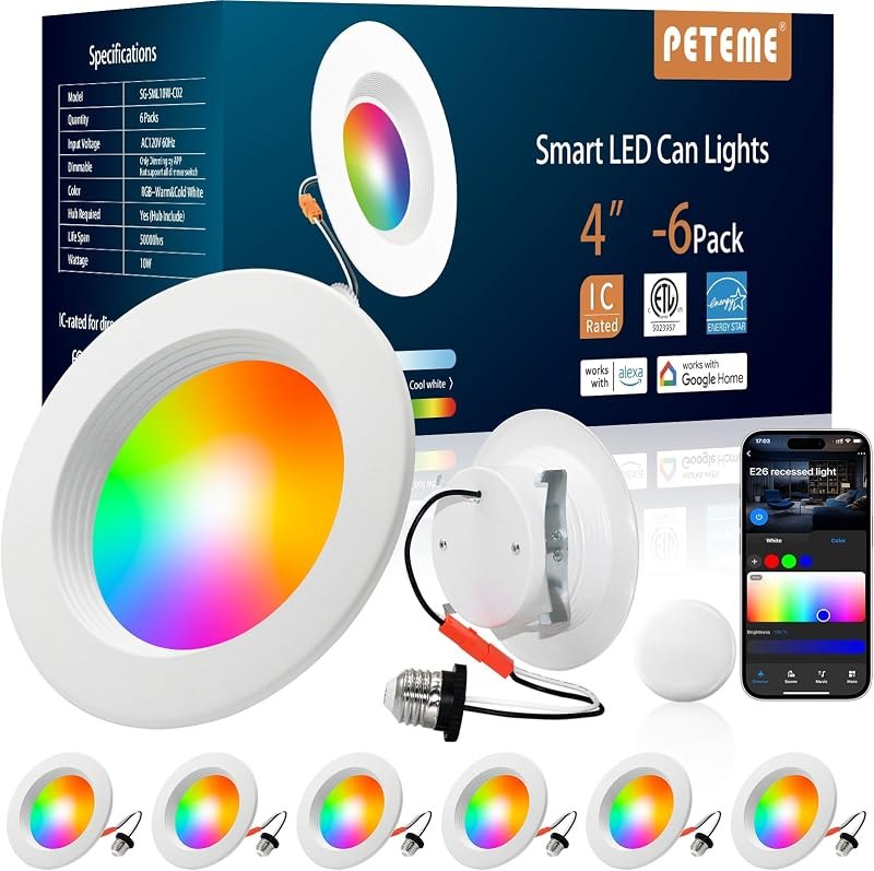 Peteme E26 Retrofit LED Recessed Lighting 4 Inch, IC Rated ETL Certified — pixel address lights for pixel address lights