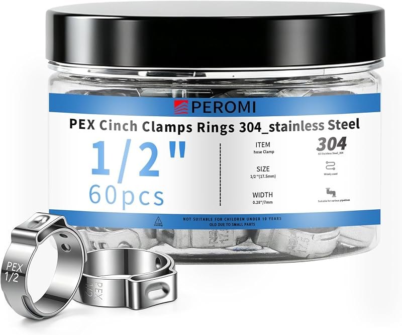 60PCS 1/2 Inch 304 Stainless Steel PEX Crimp Rings,Single Ear PEX Cinch Clamps Plumbing Fasteners for Home Water Line