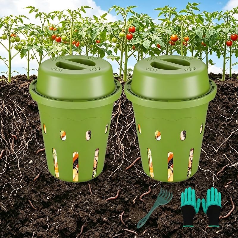 2-Pack Mini Inground Worm Composter, Underground Worm Farm with Aeration & Animal-Proof Lid, Organic Vermicomposting