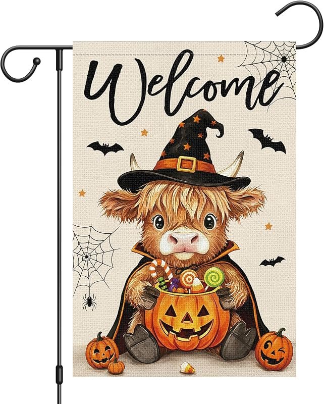 Heyfibro Welcome Halloween Highland Cow Garden Flag 12 x 18 Inch Vertical Double Sided Burlap, Witch Hat Candy Bat
