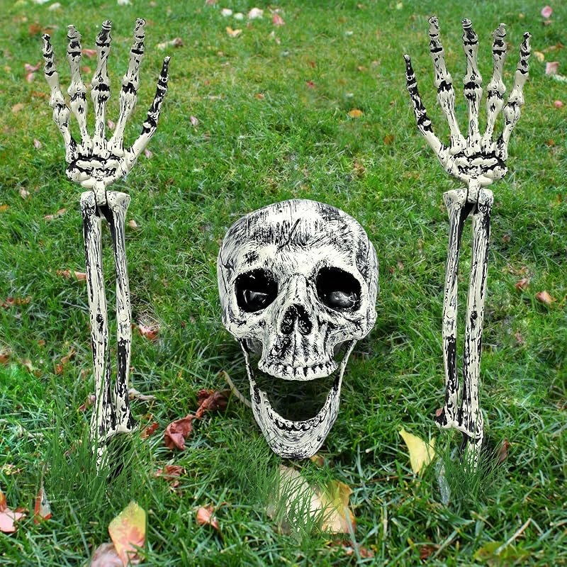 Realistic Skeleton Stakes Halloween Decorations 3-Piece Set with Skull & Adjustable Arm for Scary Yard Lawn Graveyard