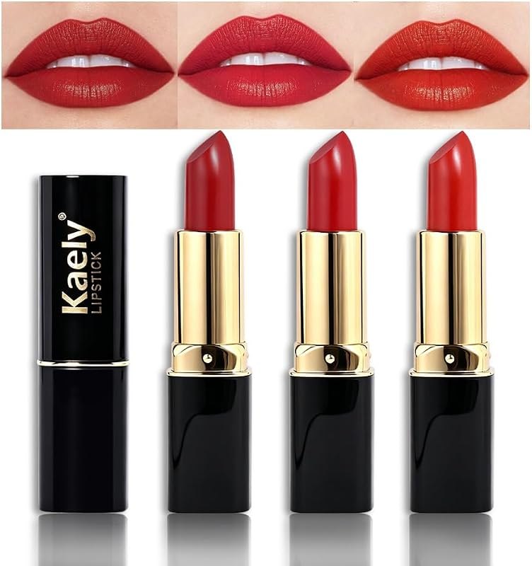 Kaely 3Pcs Red Matte Lipstick Set for Women, Dark Berry Bright Red Velvet Lipstick Long Lasting Waterproof Smudge