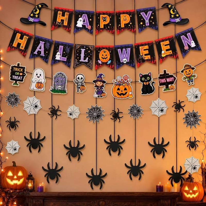 Spooky Happy Halloween Decorations Indoor Outdoor Party Supply Set — halloween spider web garland for halloween spider