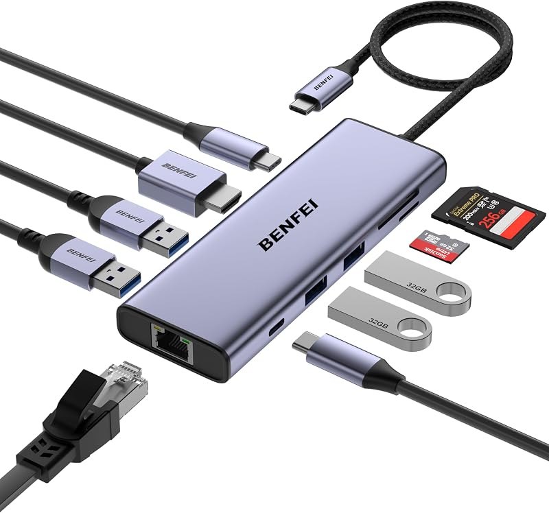 BENFEI USB C Hub 10-in-1 Docking Station, 4K@60Hz HDMI, Gigabit Ethernet, 100W PD, 5Gbps USB-C Data, 4X USB-A 3.0