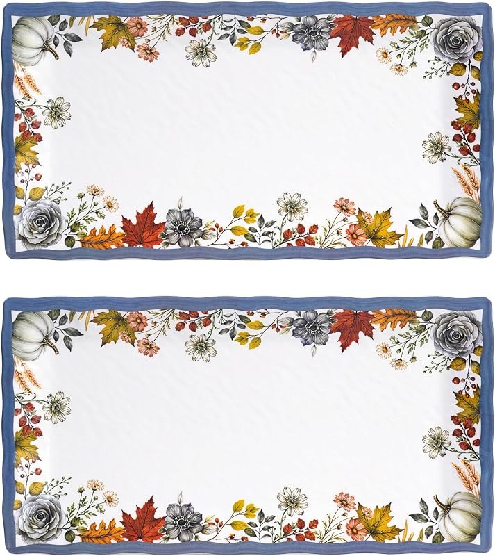14.5-Inch Melamine Serving Trays 2pcs - Fall Pumpkin Floral Platters — Halloween Snack Platter for halloween snack