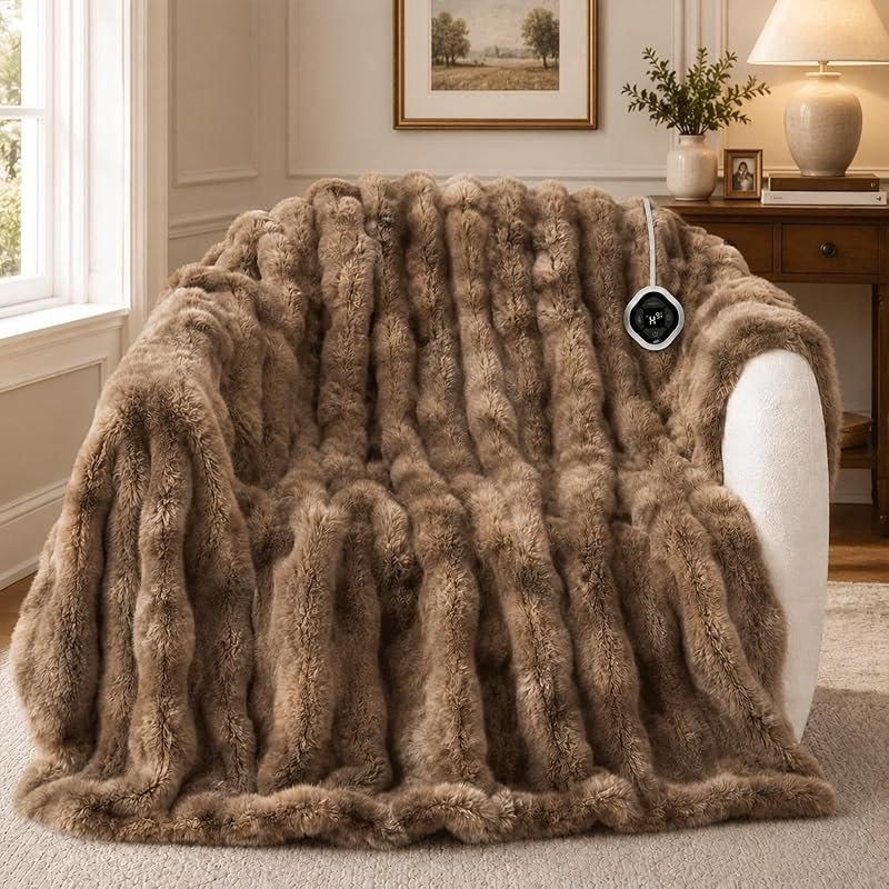 HOMLYNS Heated Blanket Full Size, Faux Fur Electric Blanket, Tie-Dye Brown — washable heated blanket for washable