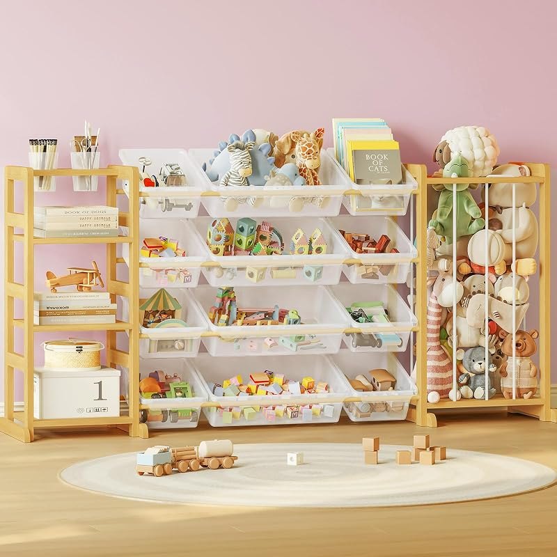 3-in-1 Montessori Toy Organizer with Bookshelf,12 Clear Bins &Plush Storage — storage clear bins for storage clear bins