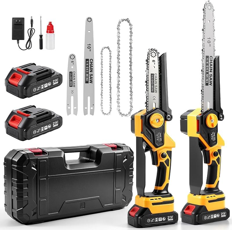 Mini Cordless Chainsaw, 10 Inch & 6 Inch Dual Guide Bar Portable Electric Pruning Saw, Small Handheld Chain Saw for