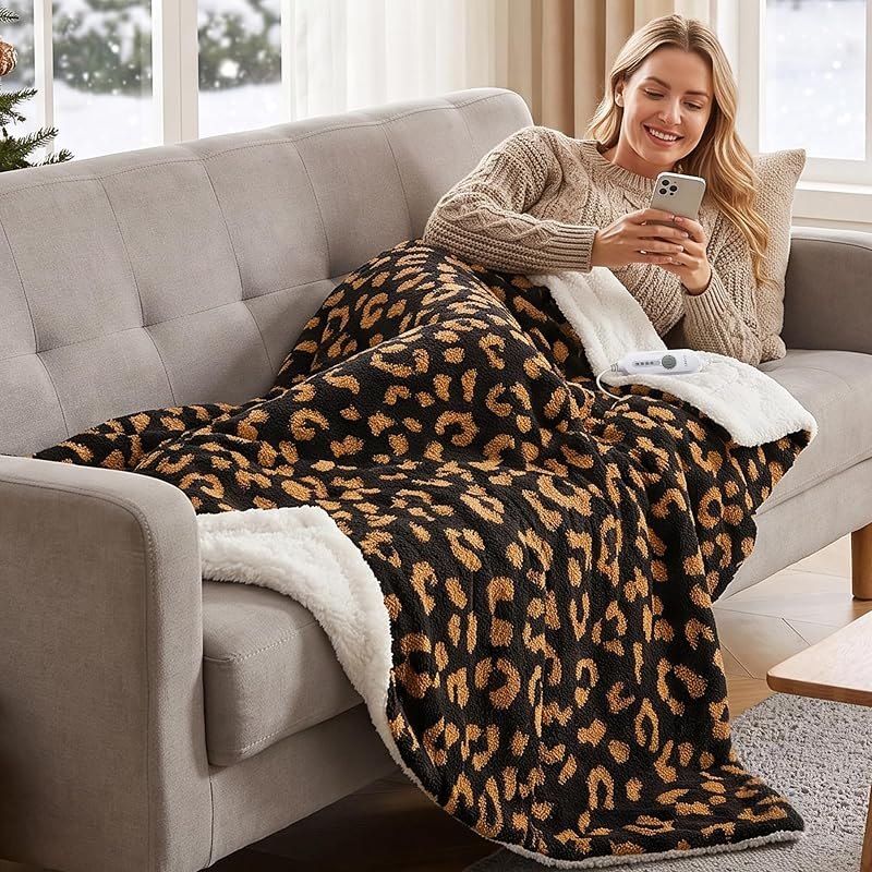 Leopard Heated Blanket, Electric Blanket, Heated Blanket Full Size, Brown — best underbed electric blanket for