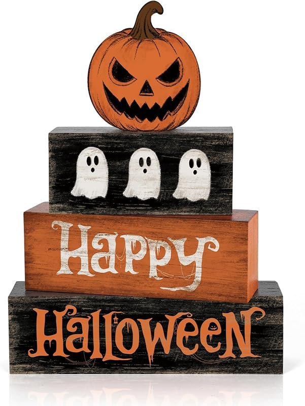 Halloween Decorations Indoor, 4 Sets Wooden Block Double Sided Table Decor, Rustic Pumpkin Ghost Happy Halloween Sign