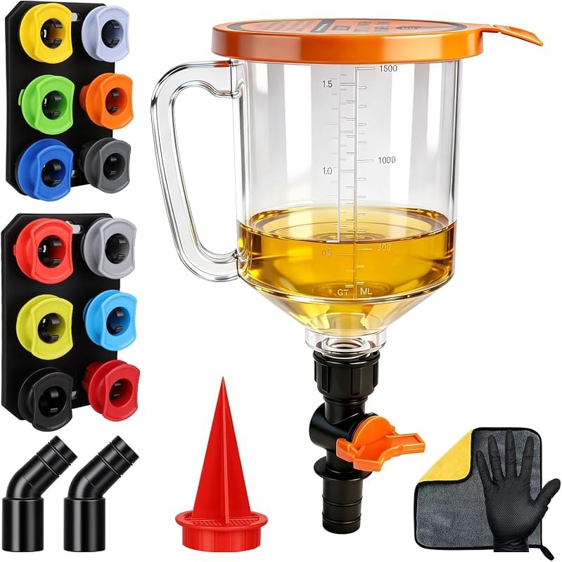 20pcs 1.59QT/1.5L No-Spill Automotive Engine Oil Funnel Kit with 12 Adapters, Magnetic Storage Tray, On-Off Valve