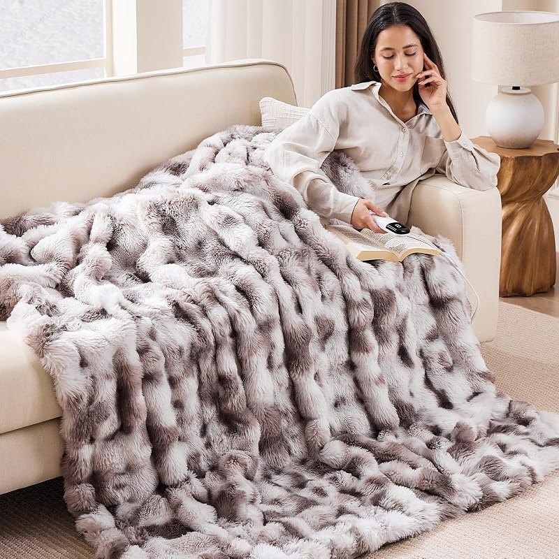 Fluffy Faux Fur Heated Throw Blanket for Couch,Tie-dye Taupe,50"x62" — household heated blanket for household heated